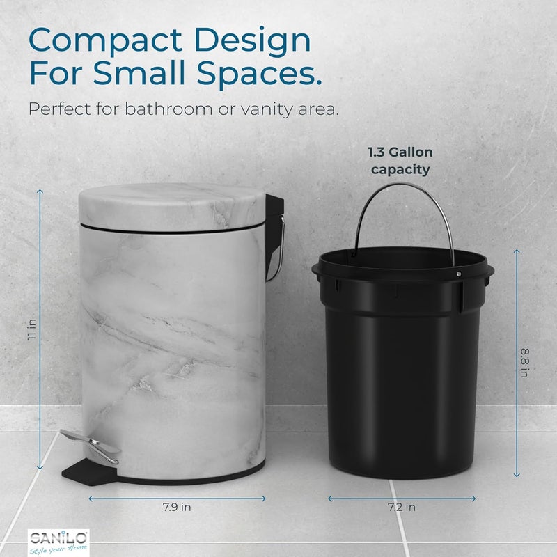Sanilo Small Bathroom Trash Can with Lid [1.3 Gallon] - Lidded Tiny Trashcan for Garbage - Mini Metal Bin with Soft Closing Mechanism - Bath Room Accessoire Wastebin with Inner Bucket (Marble) - Image 5